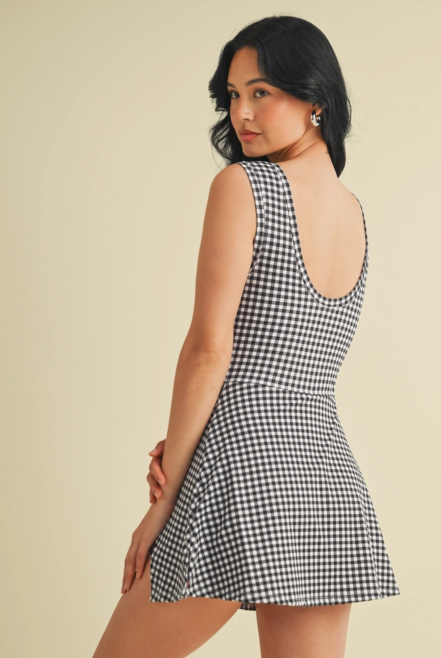 Flattering black gingham athletic wrap dress from Thread Bar Boutique perfect for tennis workouts or casual outings rear
