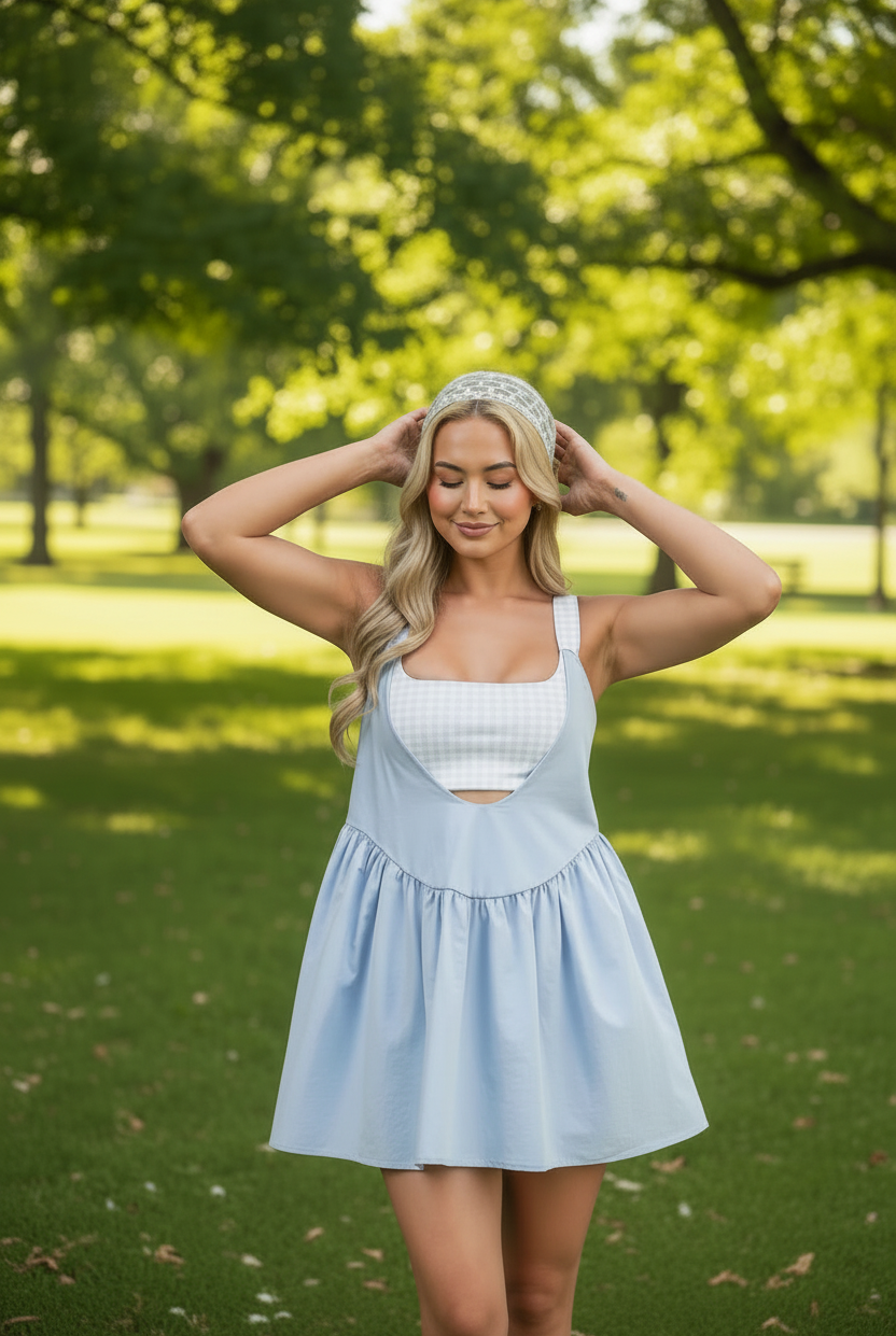 Stylish gingham tennis style layered dress with built-in shorts from Thread Bar Boutique perfect for active lifestyle