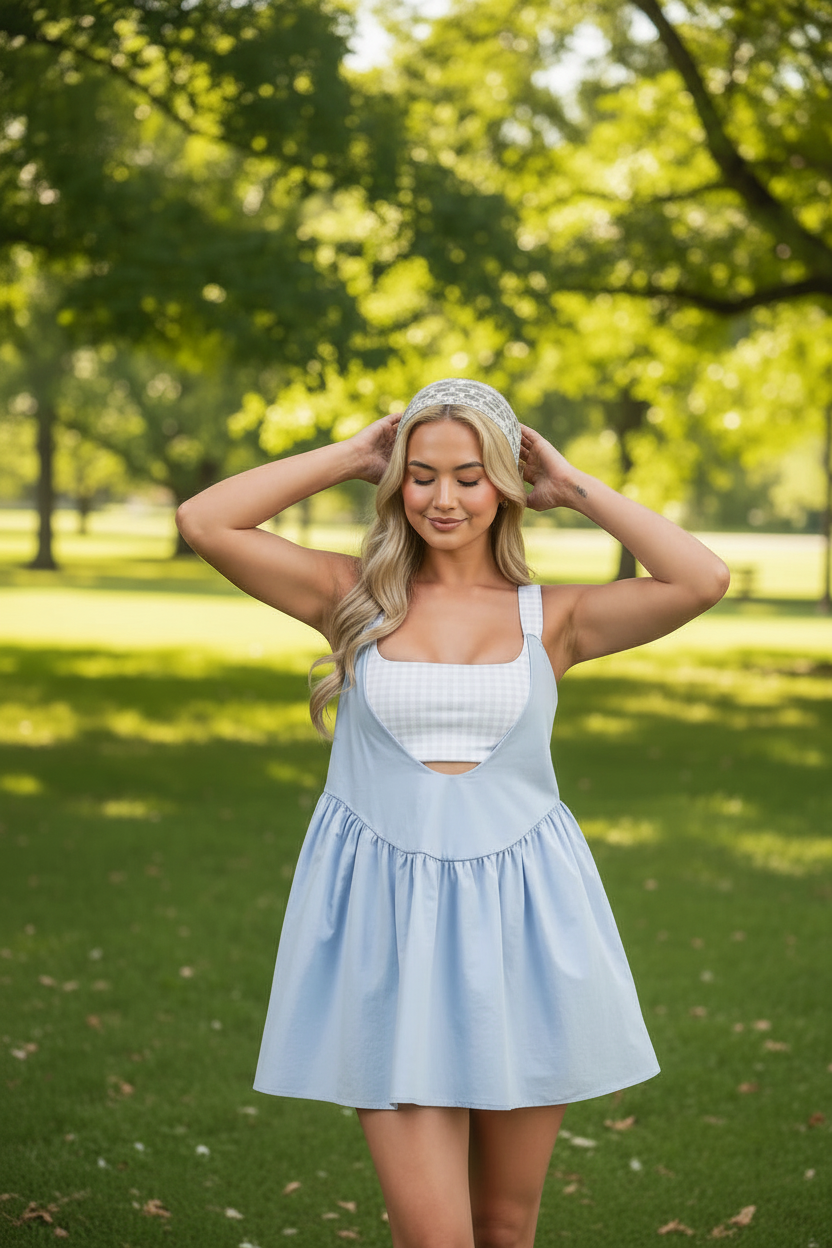 Stylish gingham tennis style layered dress with built-in shorts from Thread Bar Boutique perfect for active lifestyle