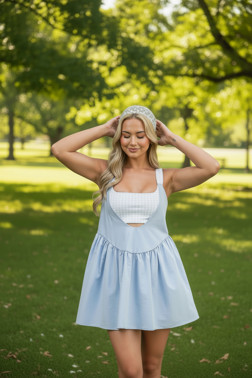 Stylish gingham tennis style layered dress with built-in shorts from Thread Bar Boutique perfect for active lifestyle