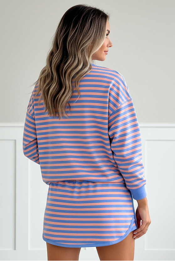 Blue stripe two-piece set with relaxed pullover and high-waist mini skort