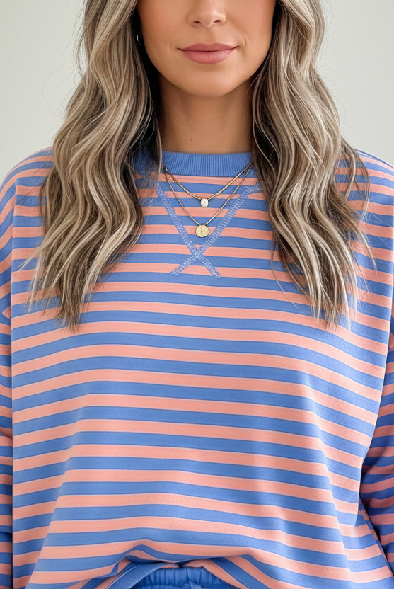 Blue stripe matching pullover and skort outfit for women