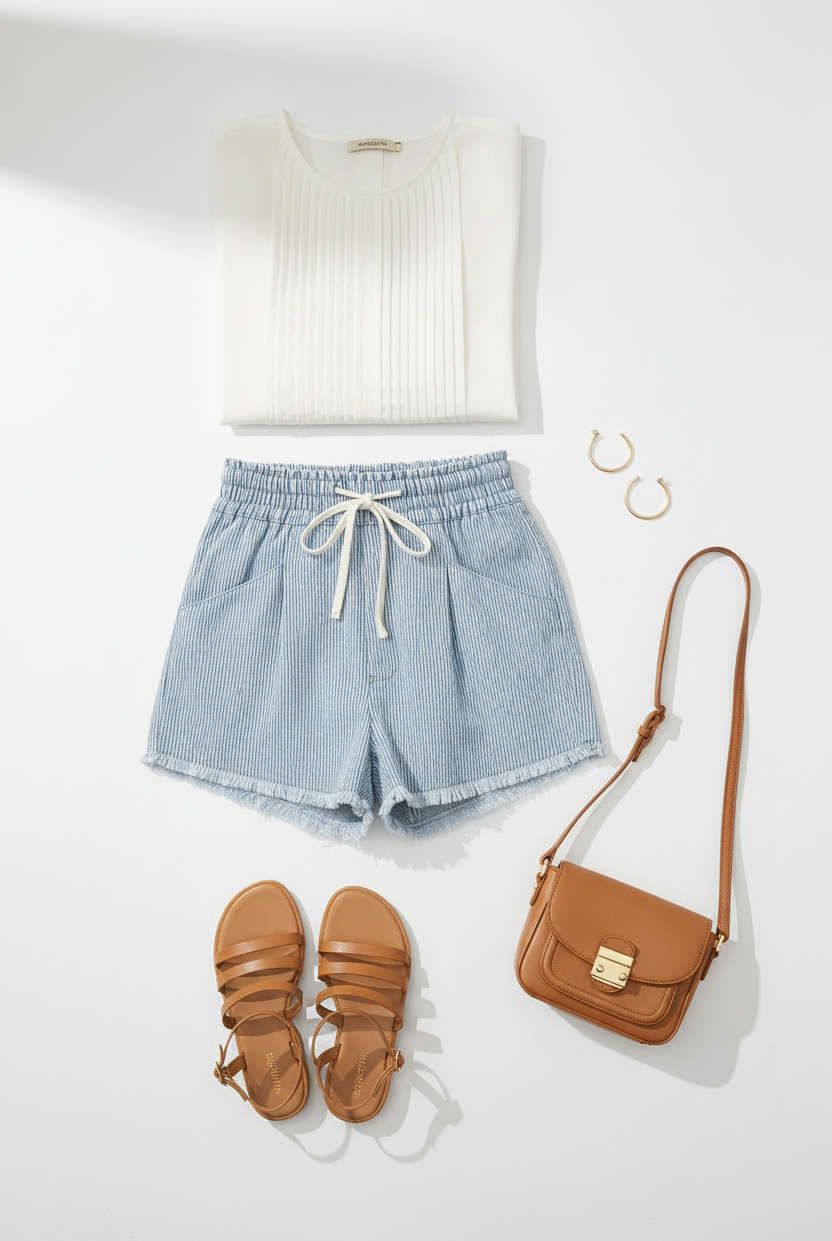 Flat lay outfit styling with sky blue stripe denim shorts, white blouse, tan sandals, crossbody bag and gold jewelry for a complete summer look