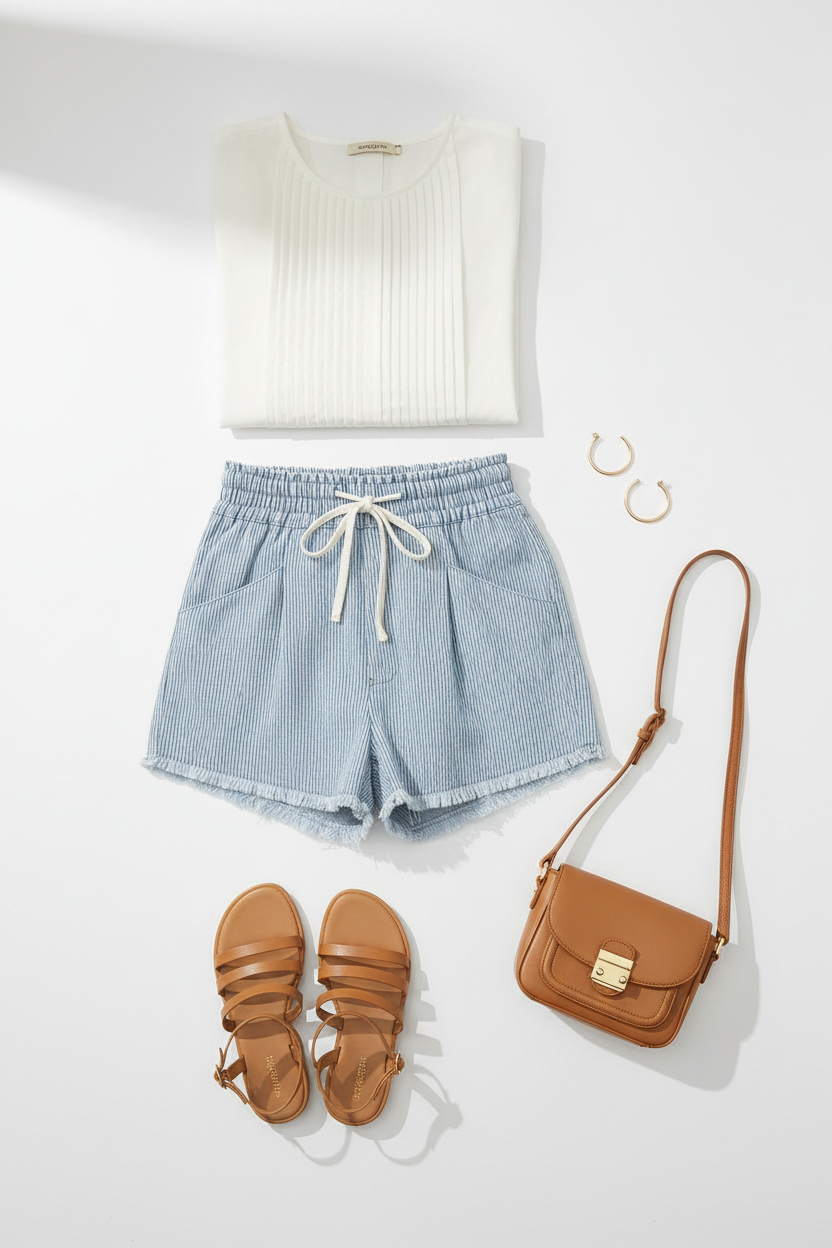 Flat lay outfit styling with sky blue stripe denim shorts, white blouse, tan sandals, crossbody bag and gold jewelry for a complete summer look