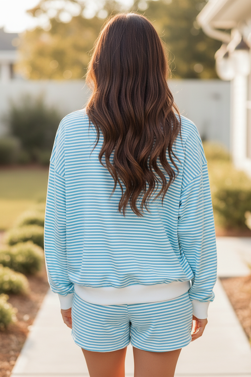 Blue striped two-piece set featuring an oversized sweatshirt and lightweight shorts, perfect for lounging, errands, or casual days