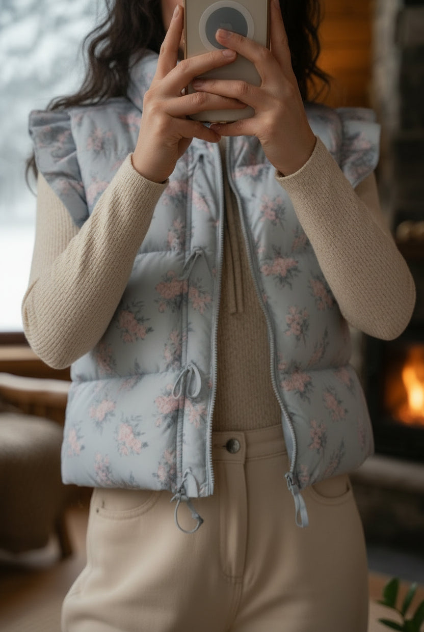 Baby blue floral puffer vest with pink flower print featuring bow front zipper, ruffle sleeves, mock neck and side pockets
