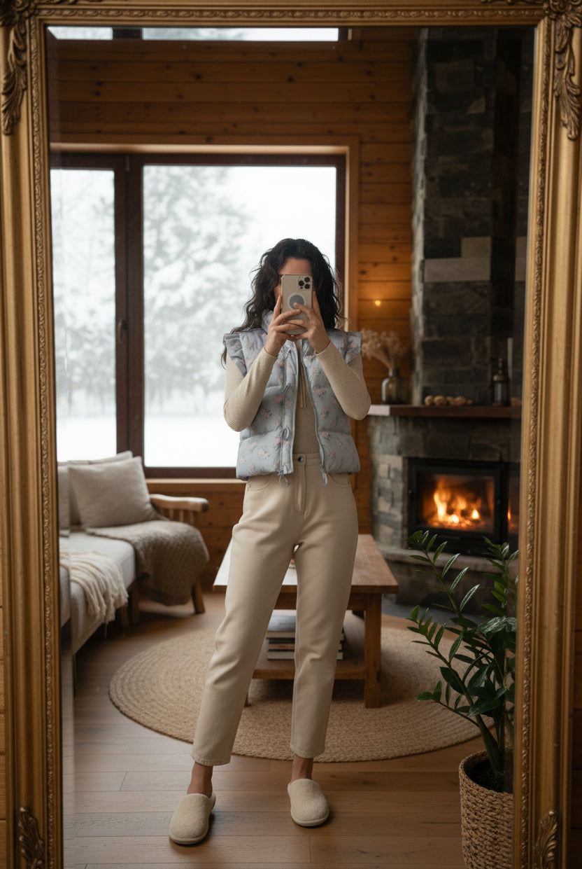 Person wearing a light blue floral-patterned puffer vest in a cozy indoor setting.