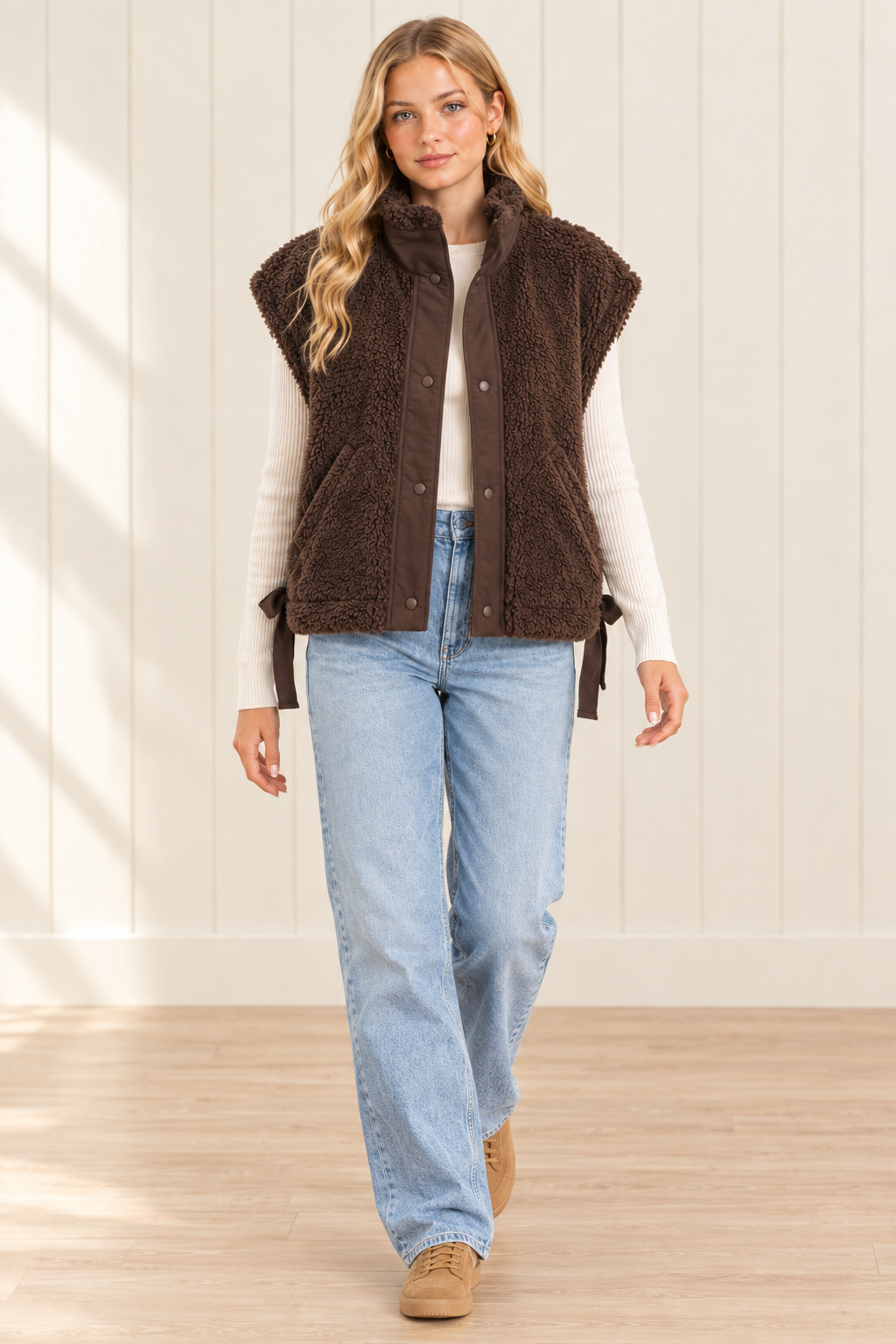 Brown sherpa vest in a full body walking pose