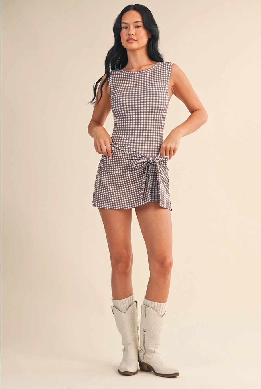 Women’s brown gingham wrap athleisure dress with adjustable tie front and built-in shorts from Thread Bar Boutique