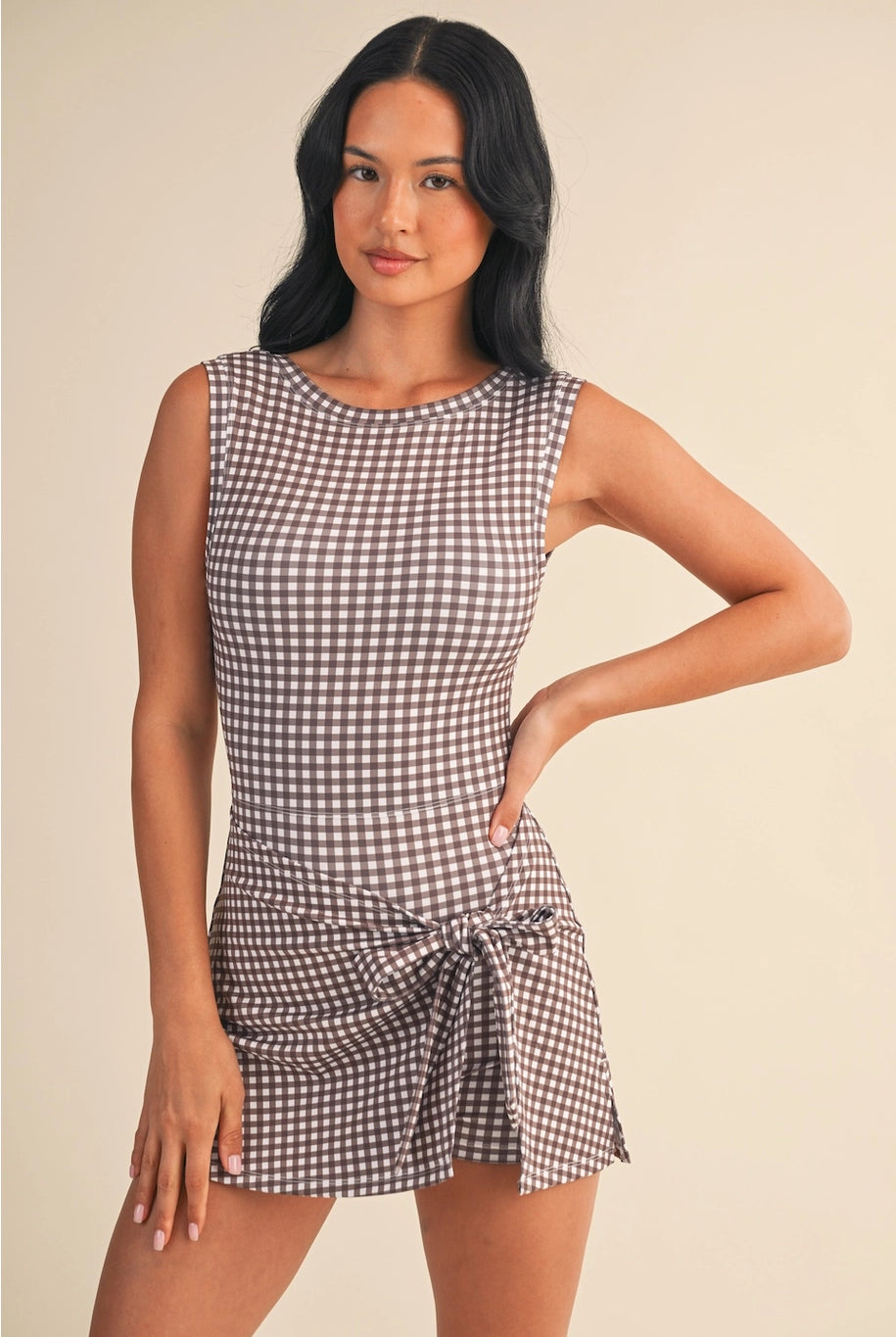 Lightweight gingham workout dress with wrap tie front from Thread Bar Boutique tennis inspired style