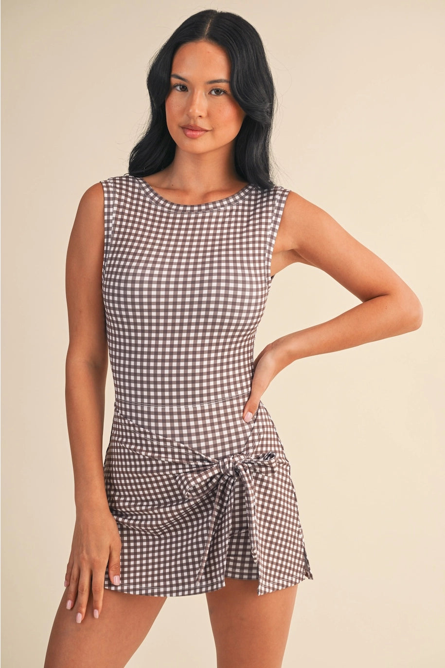 Lightweight gingham workout dress with wrap tie front from Thread Bar Boutique tennis inspired style