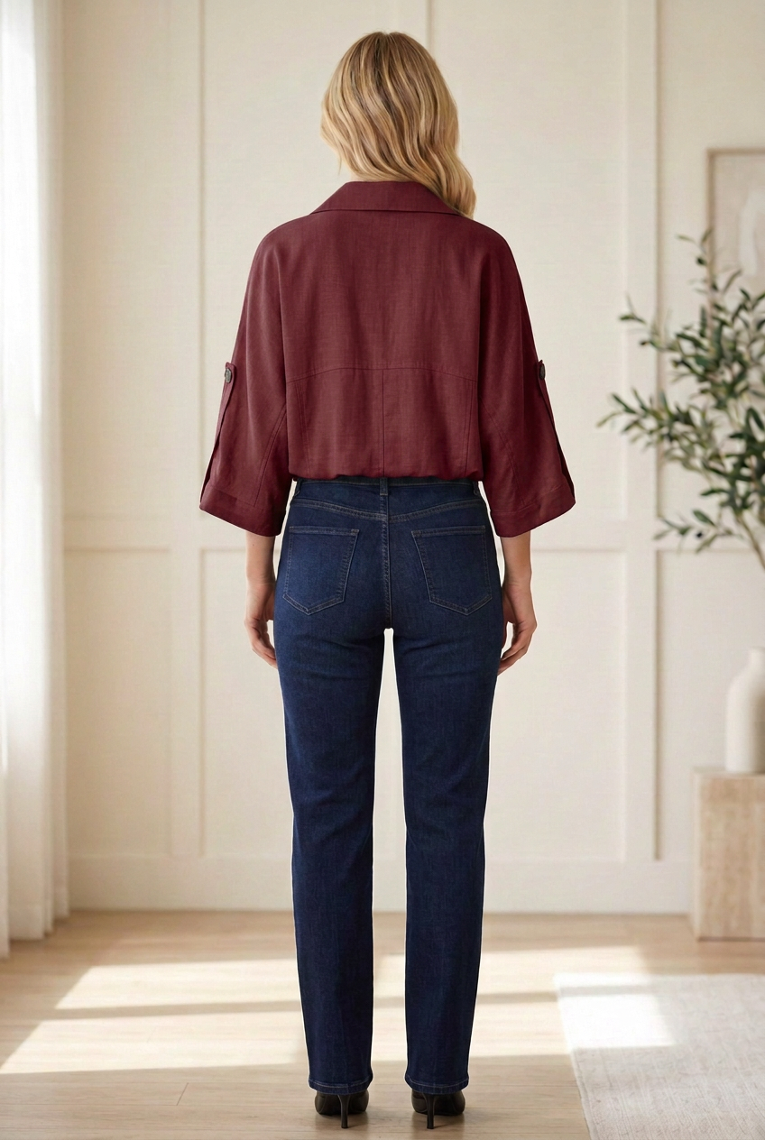 burgundy utility jacket showing collared neckline, 3/4 button-tab sleeves and waist-length hem.