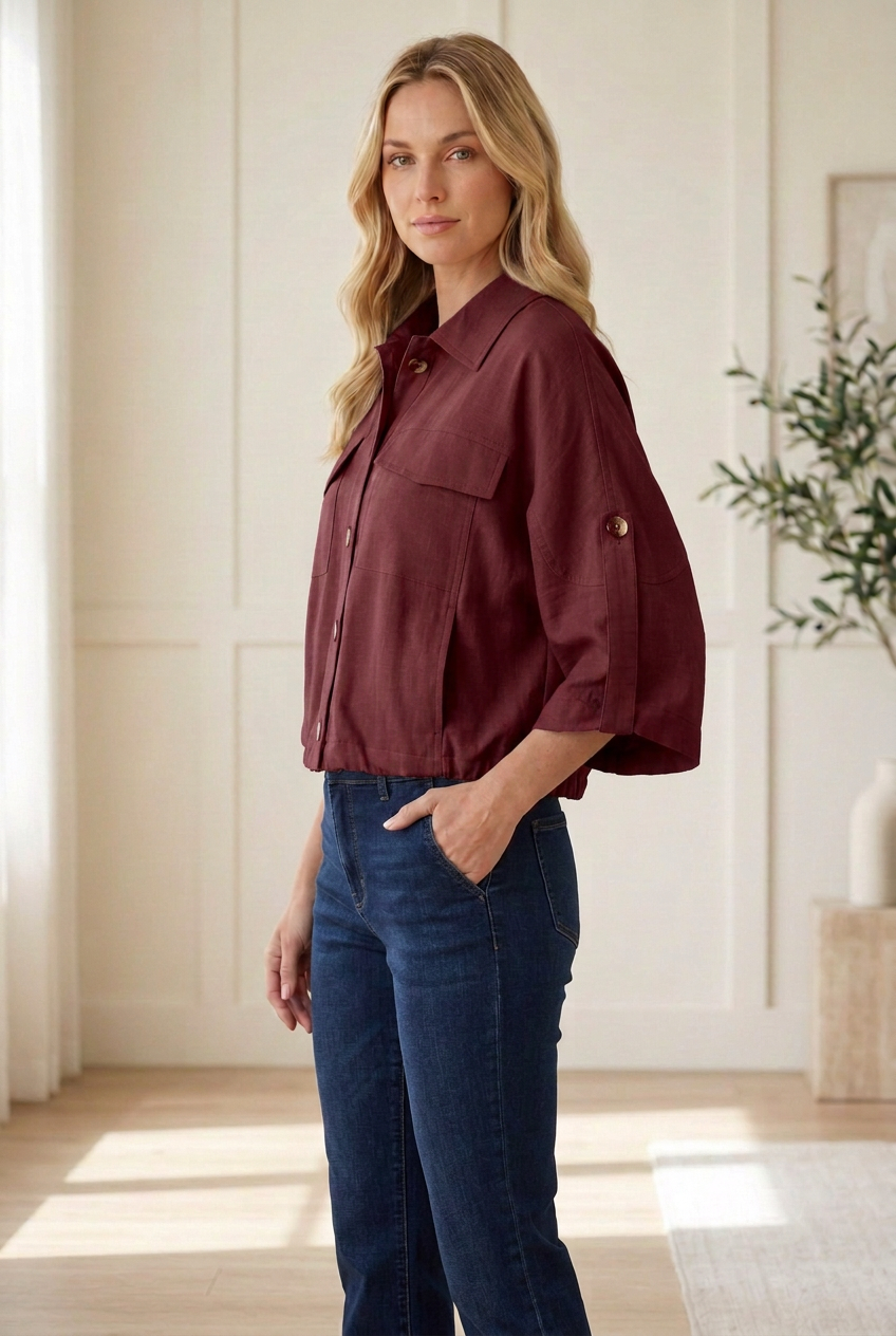 Side view of burgundy utility jacket showing collared neckline, 3/4 button-tab sleeves and waist-length hem.