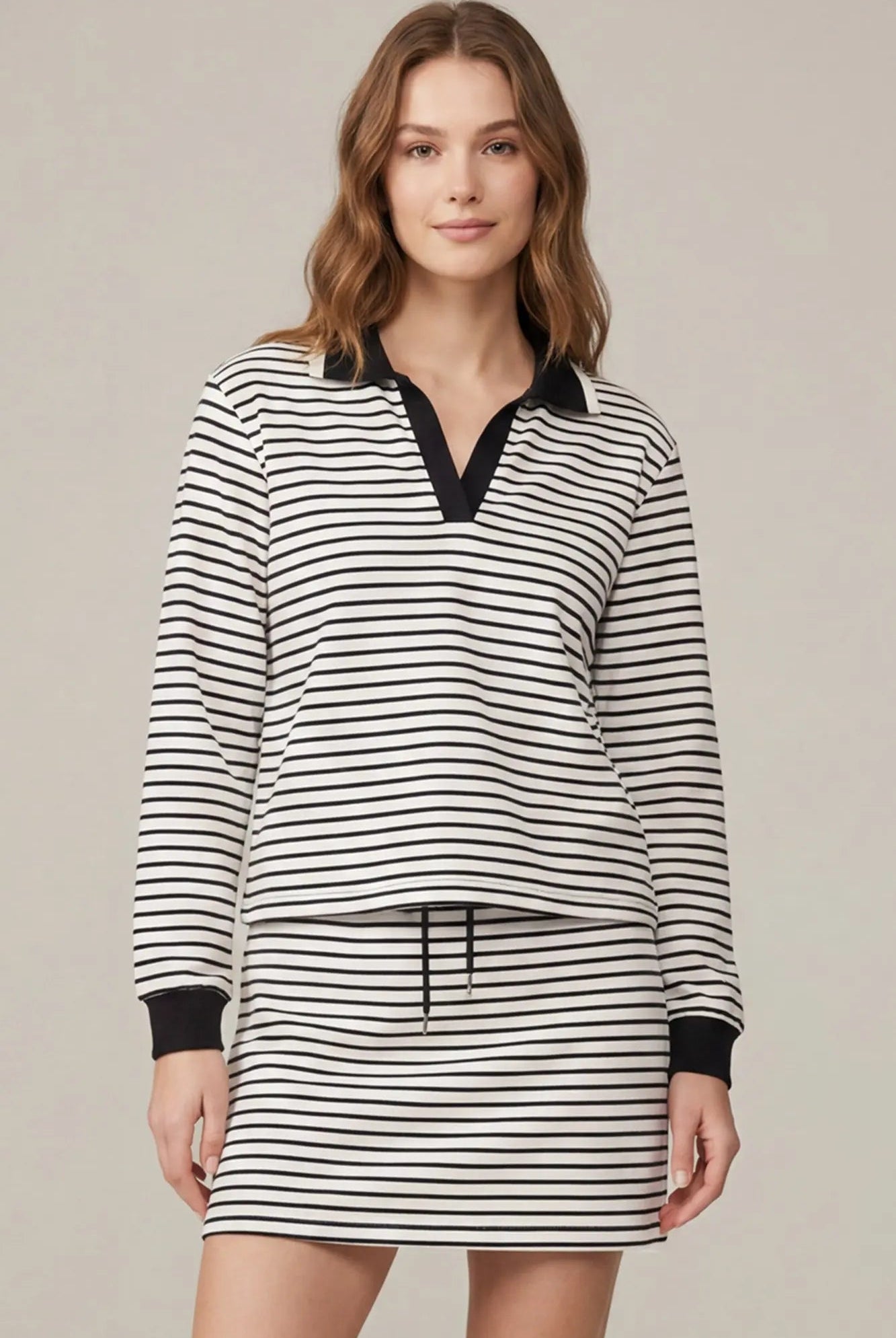 STRIPED L/S POLO TOP - front view, black and white stripe polo with collared neckline and ribbed cuffs