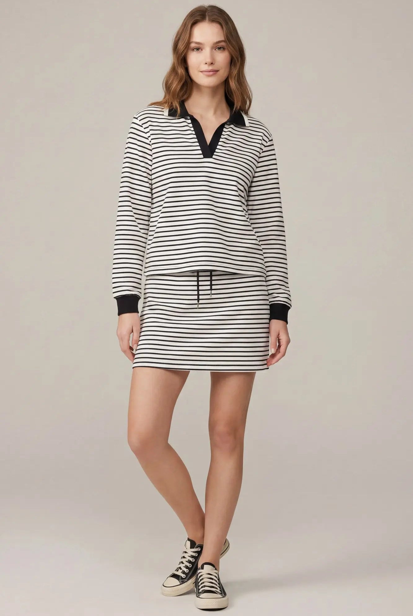 BLACK & WHITE STRIPE MINI SKIRT - full set view showing skirt with matching polo top, black and white stripe