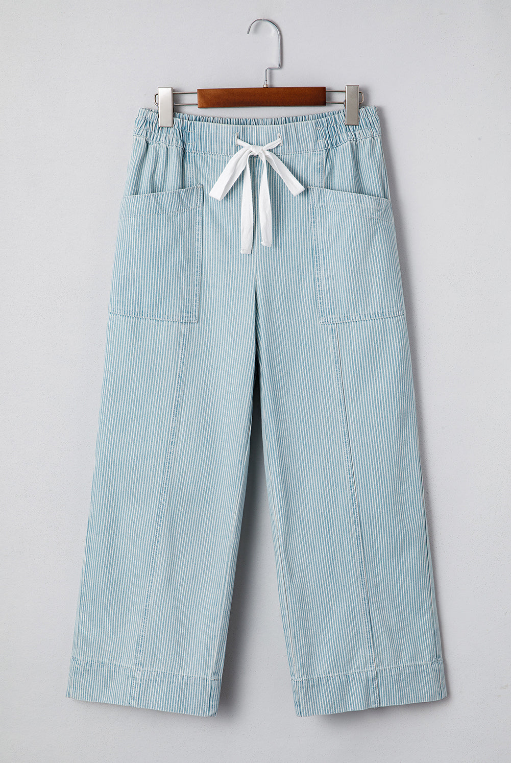 Sky Blue Stripe Mid Rise Drawstring Waist Wide Leg Jeans flat lay