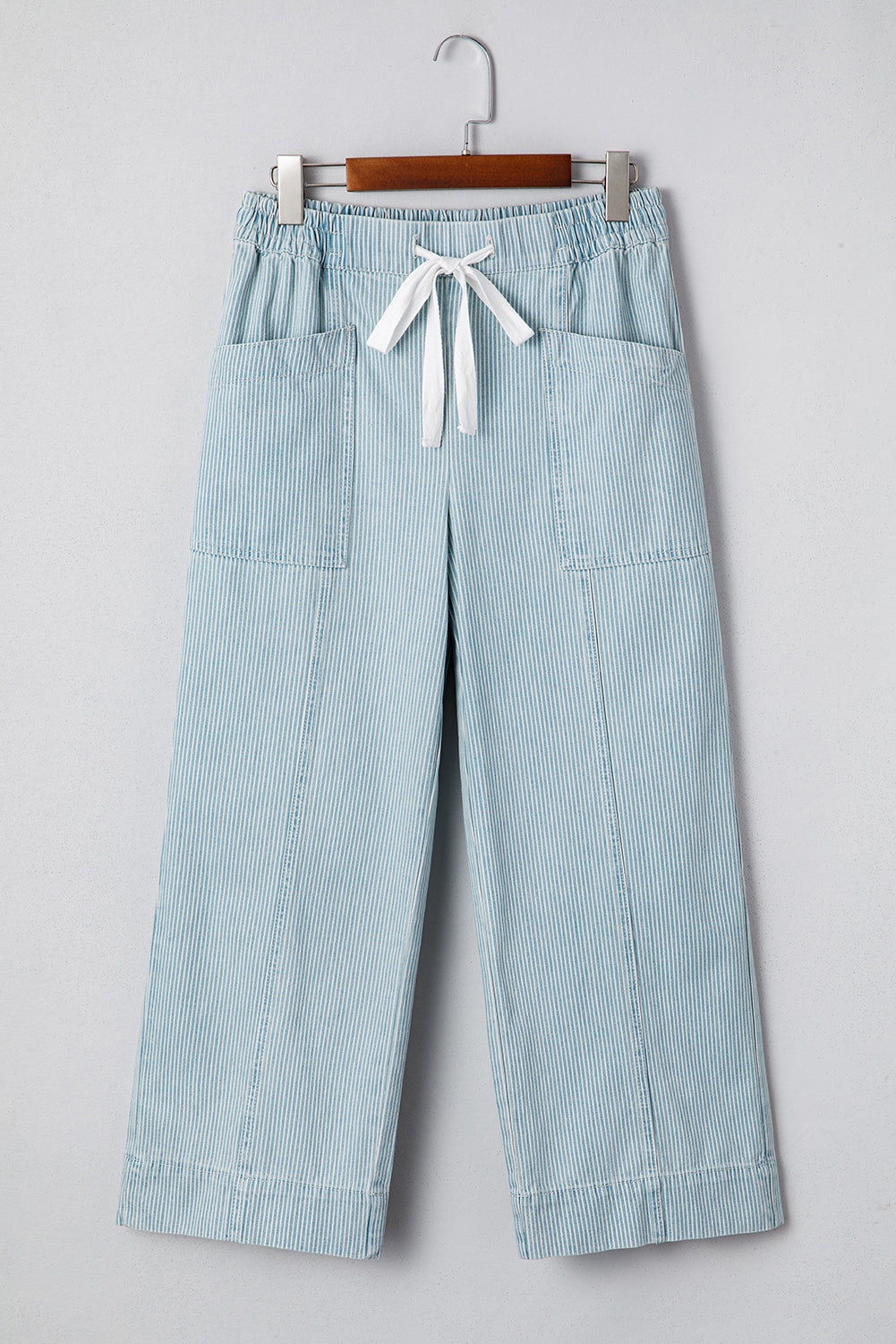 Sky Blue Stripe Mid Rise Drawstring Waist Wide Leg Jeans flat lay