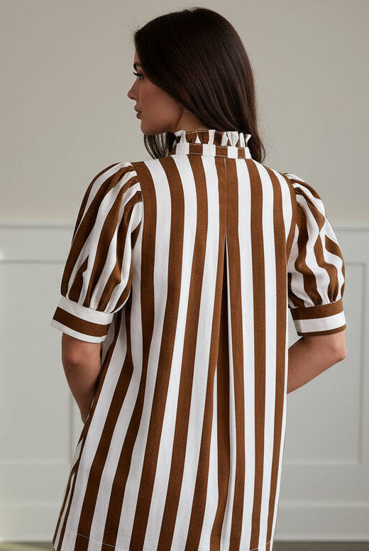 Striped cotton mini dress for women with structured puff sleeves and relaxed fit from Thread Bar Boutique