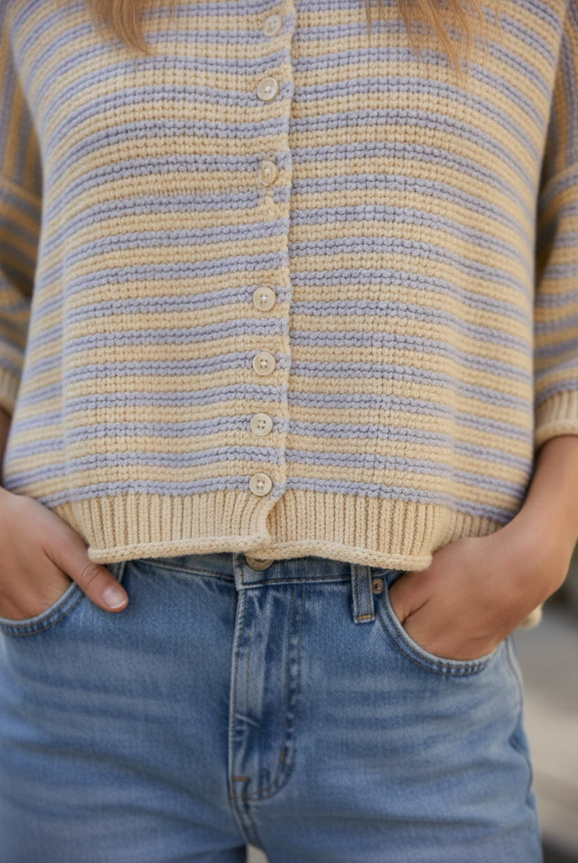 Casual oversized striped cardigan sweater for women with soft cotton blend knit, half sleeves, round neck, yellow and gray stripe design, and curly-edge trim for elevated everyday style and seasonal layering.