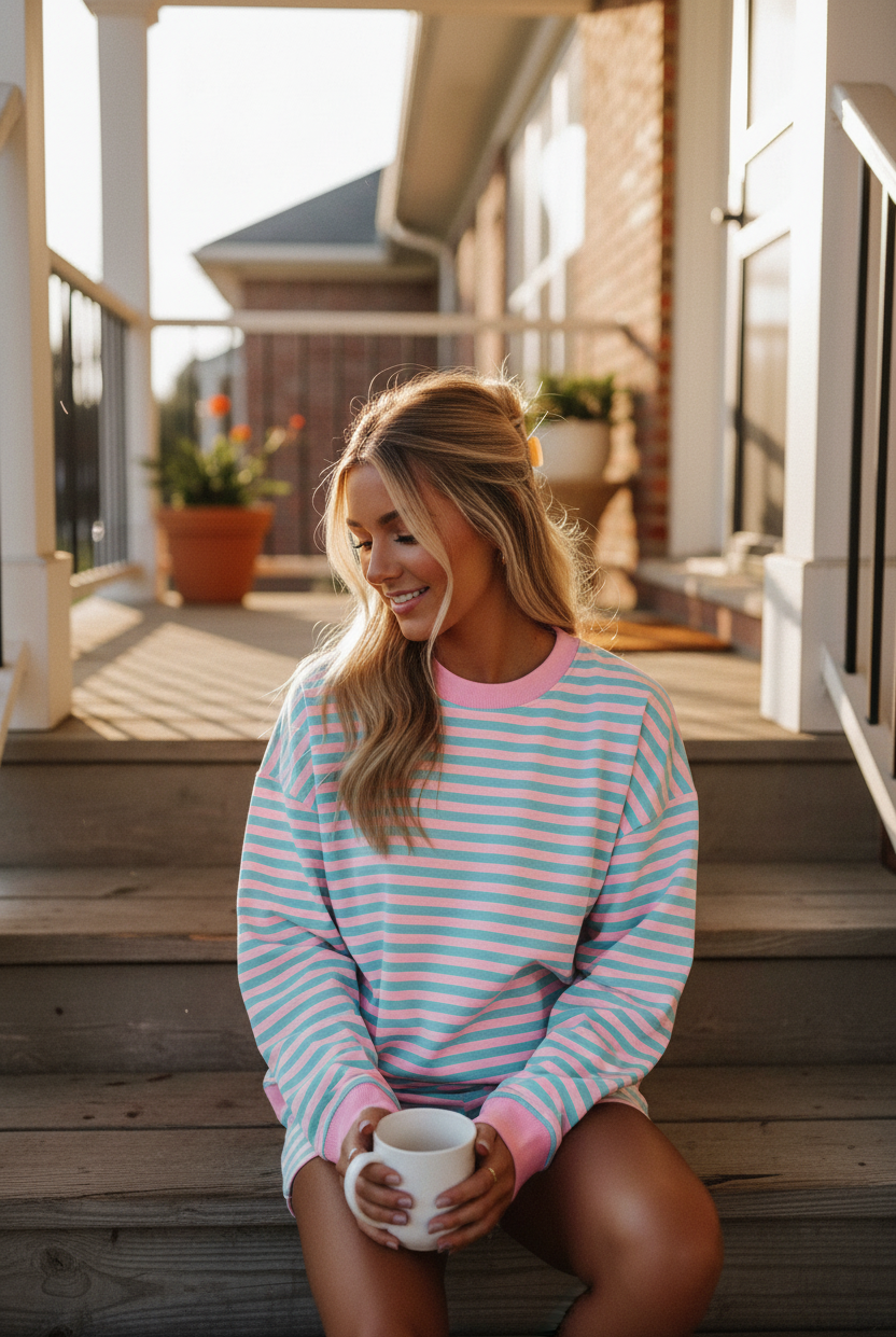 Casual pink and blue striped lounge outfit with crew neck top and color block trim shorts for everyday wear