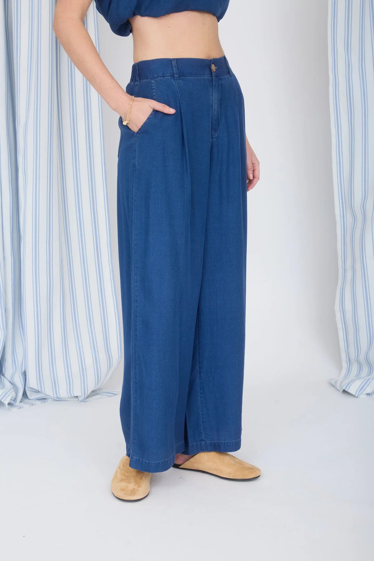 wide leg pintuck chambray pants part of a matching set side view