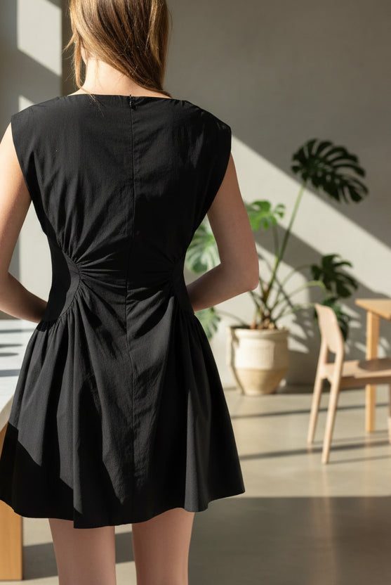 Cap Sleeve black short dress with side ruching and pocket