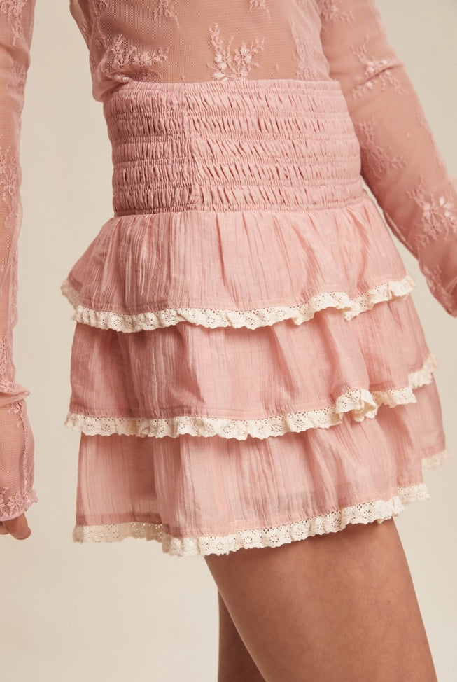 Boho lace trim skort with smocked waist and soft lightweight feel
