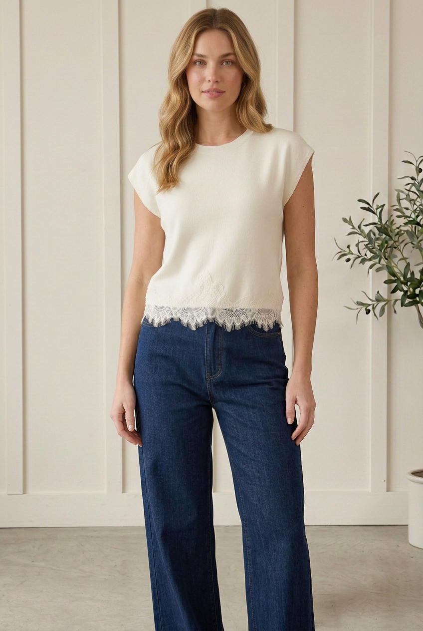 Entro cream cap sleeve sweater top with a round neckline and delicate lace trim hem, styled with dark wide-leg jeans.