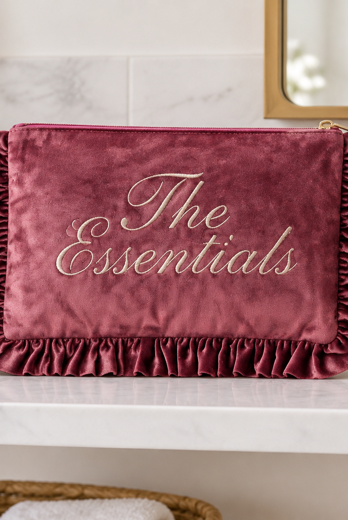 The Essentials velvet ruffle makeup bag styled on a bathroom shelf
