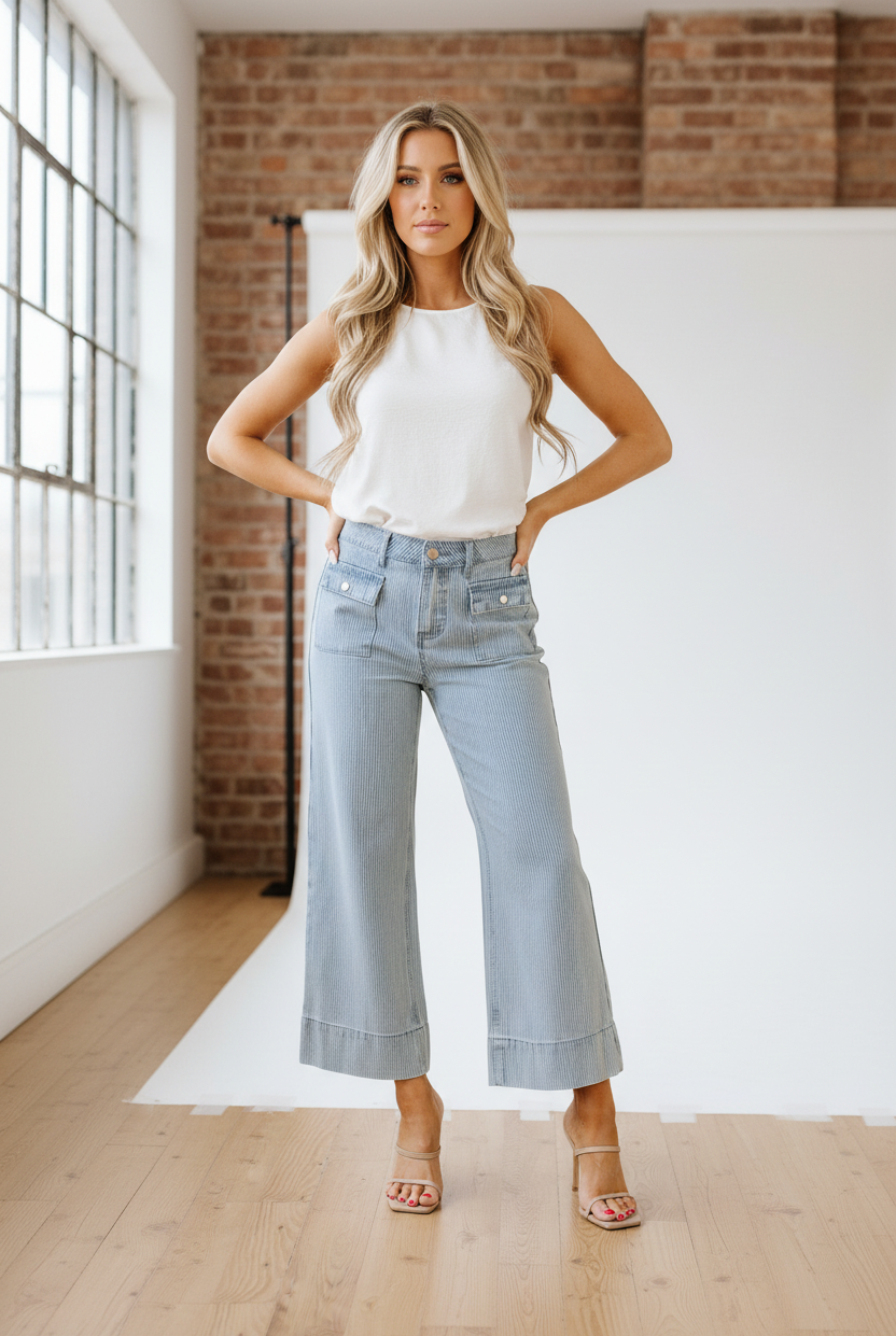 Sky blue stripe wide leg jeans with light wash denim and cuffed hem