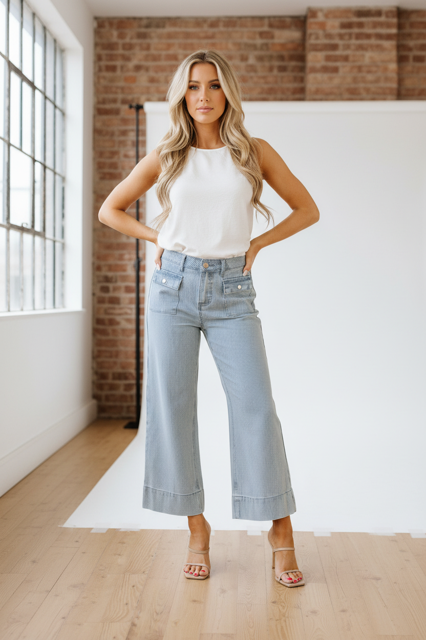 Sky blue stripe wide leg jeans with light wash denim and cuffed hem