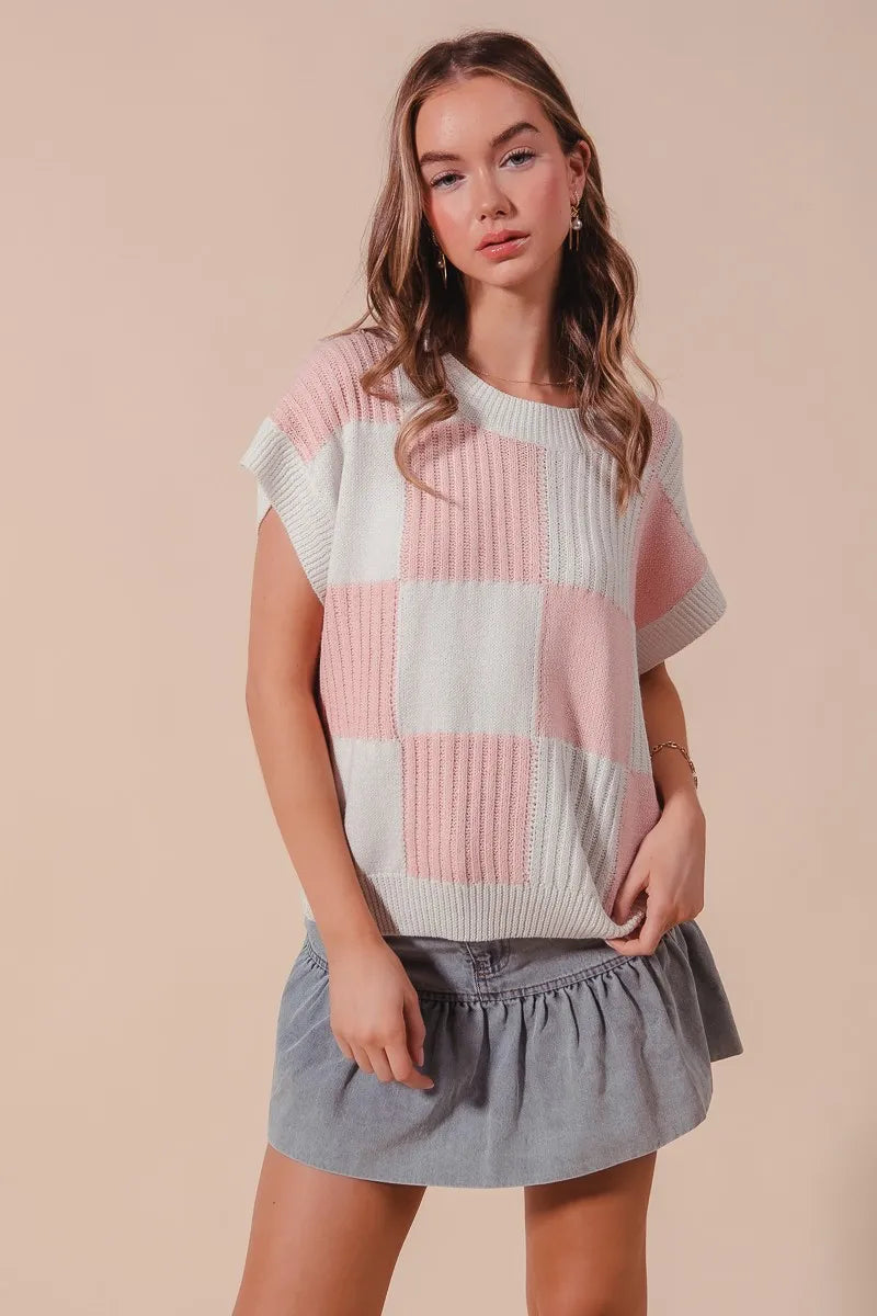 Women’s check plaid casual sweater top in neutral tones, featuring a classic pattern and relaxed fit, perfect for cozy fall and winter outfits.