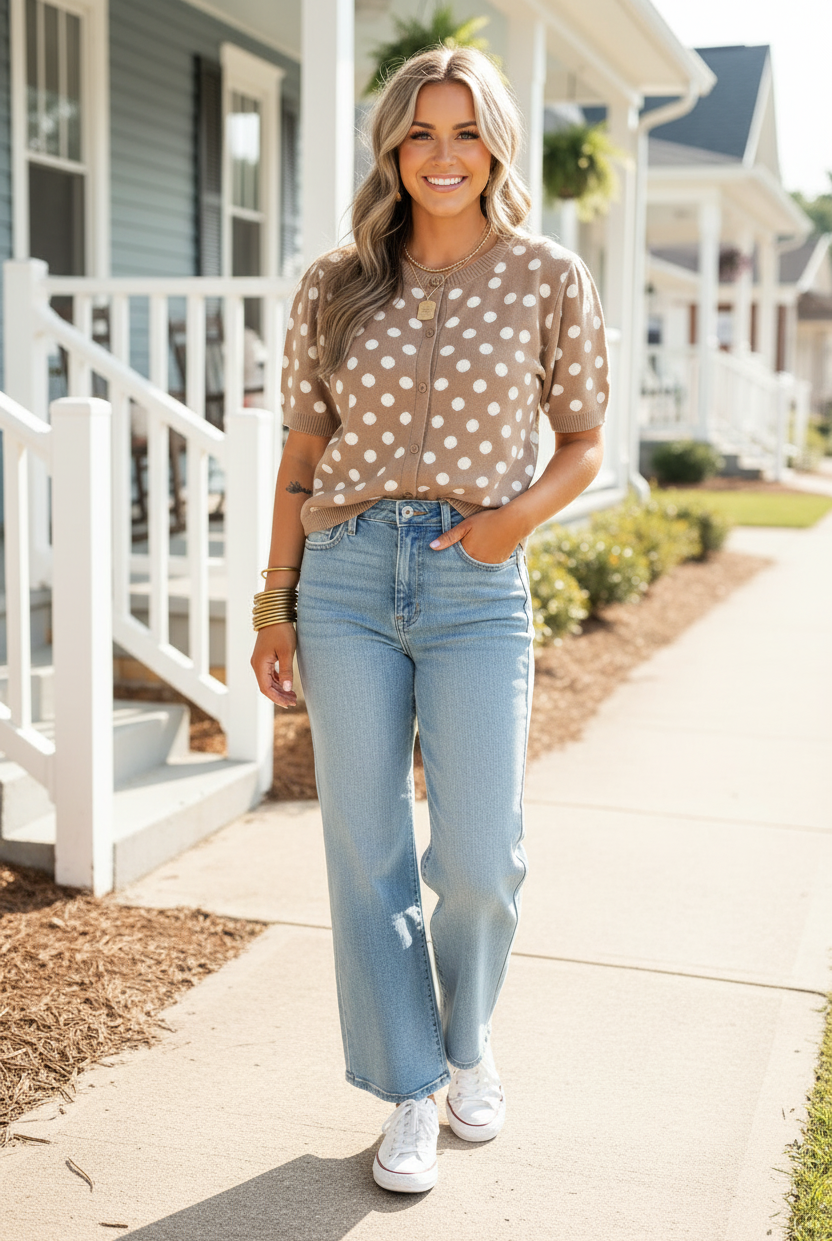 Full body lifestyle photo of blonde woman in taupe polka dot button-front knit cardigan and wide-leg jeans standing on sidewalk in front of porch with white sneakers