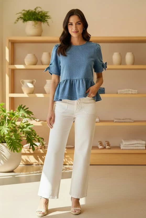 Woman in a blue top and white pants standing in a bright room with shelves and plants.