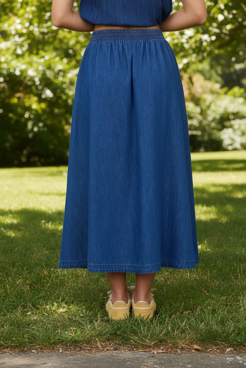 Flowy denim maxi skirt from Thread Bar Boutique, high-waisted elastic fit in breathable cotton as part of a stylish set
