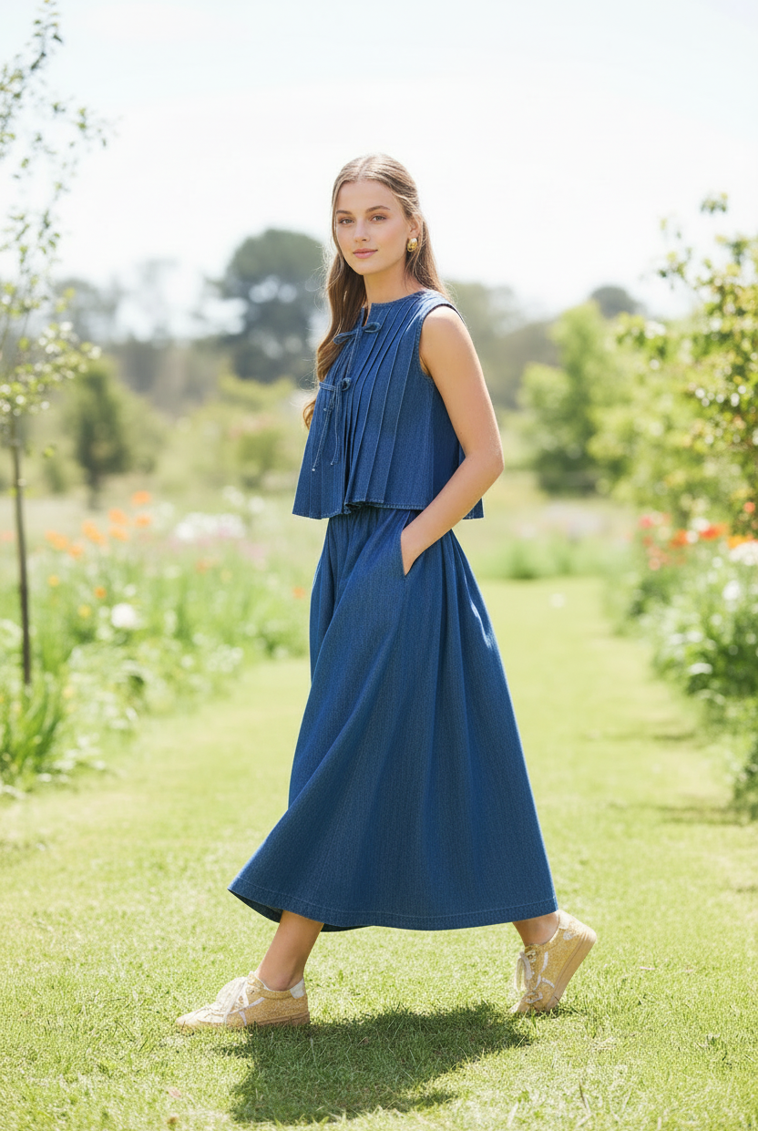 High-waisted denim maxi skirt from Thread Bar Boutique, featuring elastic waistband, flounce detail, and part of a coordinated set