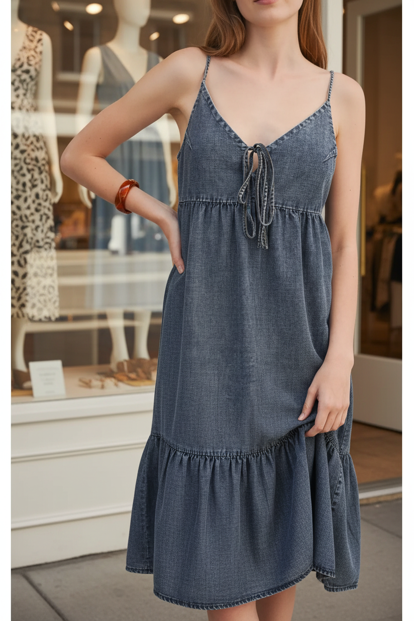 Casual chic boutique denim midi dress from Thread Bar Boutique with medium wash denim, tiered skirt, adjustable straps, and functional side pockets.