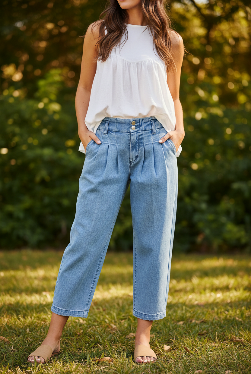 Detail shot Risen medium wash slouchy crop barrel pleated jeans. Slight stretch, tailored pleated detail. Modern vintage denim at Thread Bar Boutique.