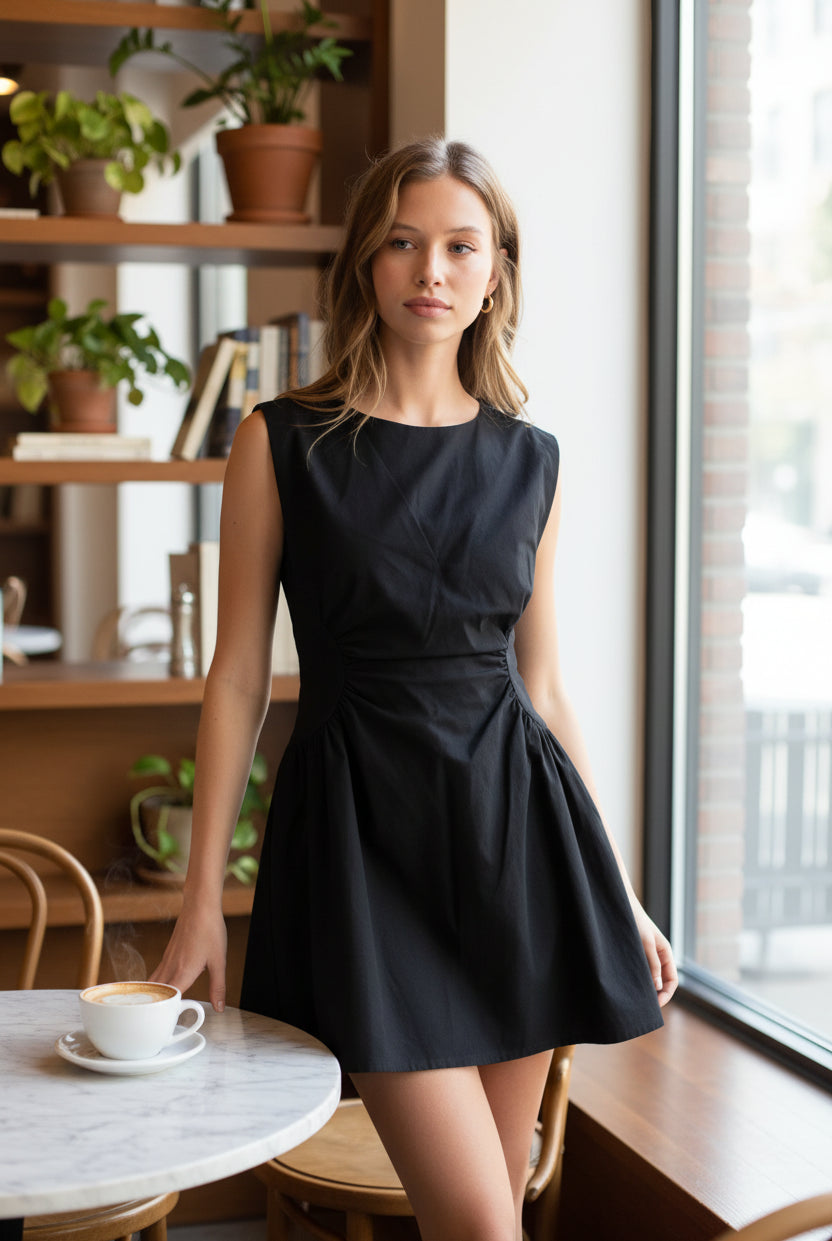 Cap Sleeve black short dress with side ruching side view