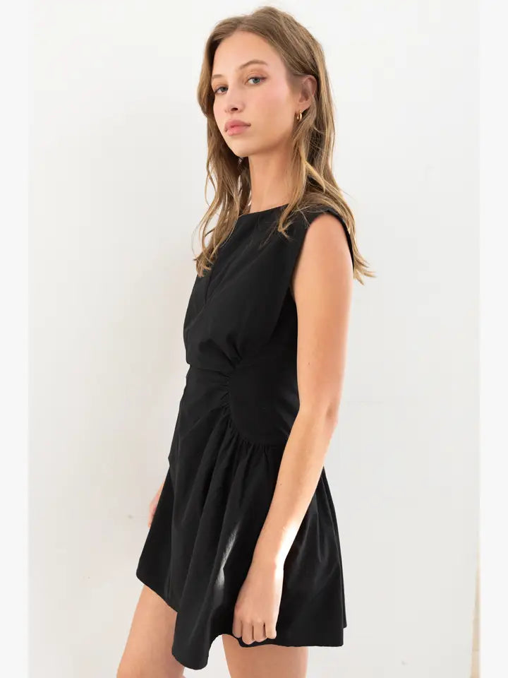 Cap Sleeve black short dress with side ruching side view