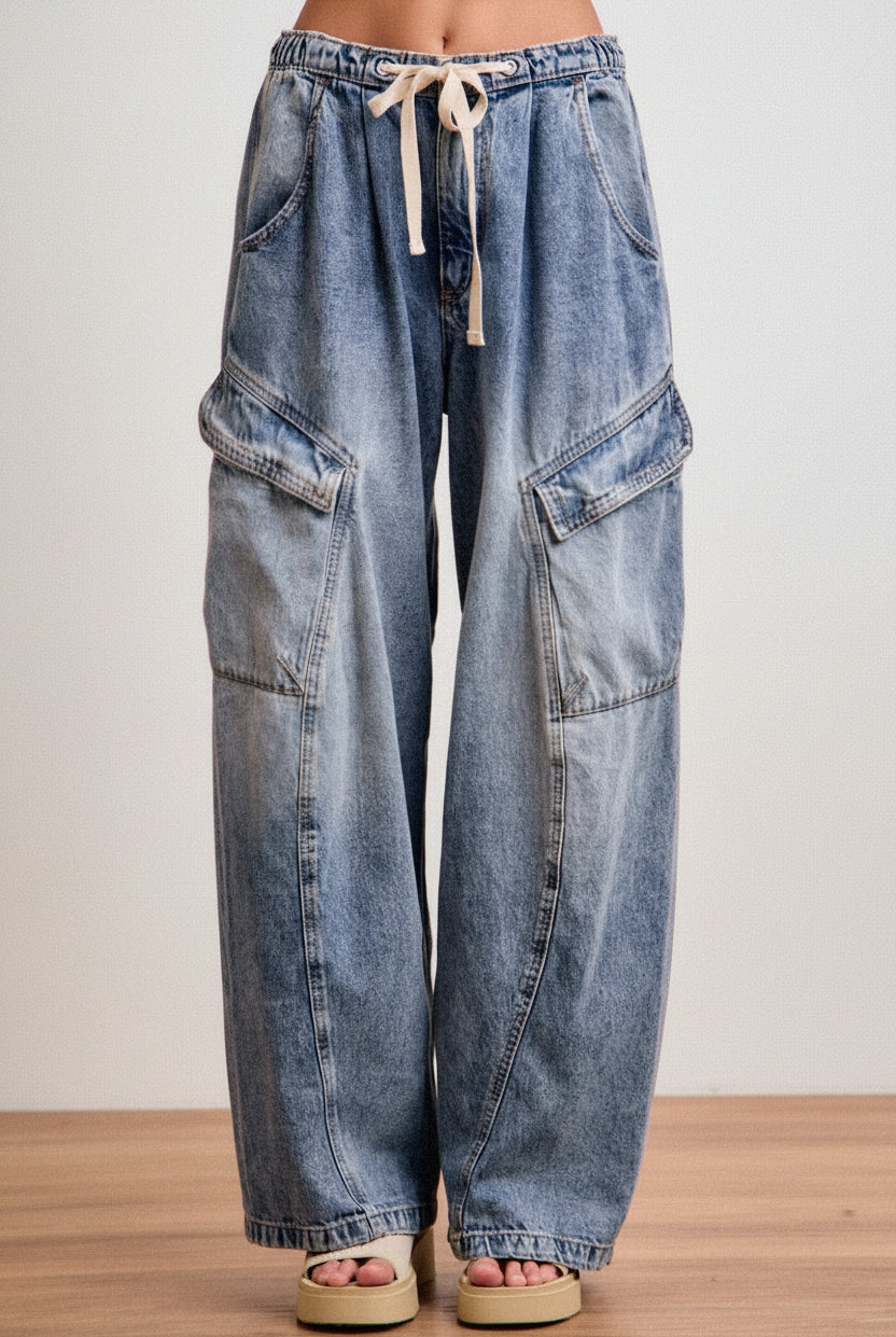 Women’s drawstring waist cargo jeans with barrel leg silhouette
