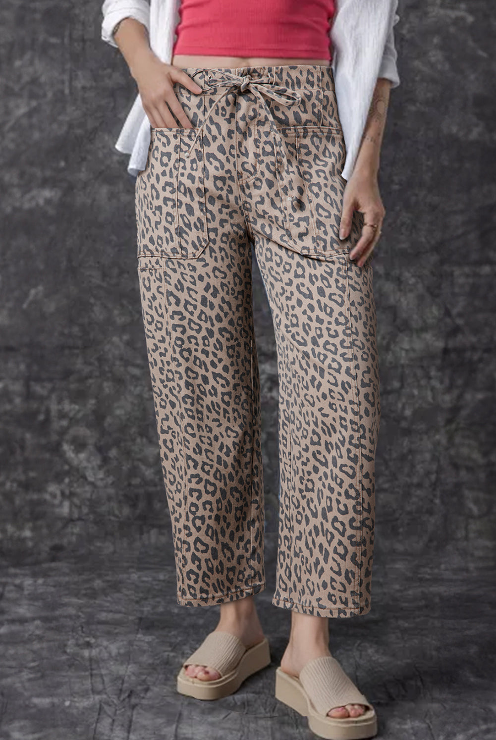 Women’s leopard print barrel leg cropped denim jeans with relaxed fit and ankle length