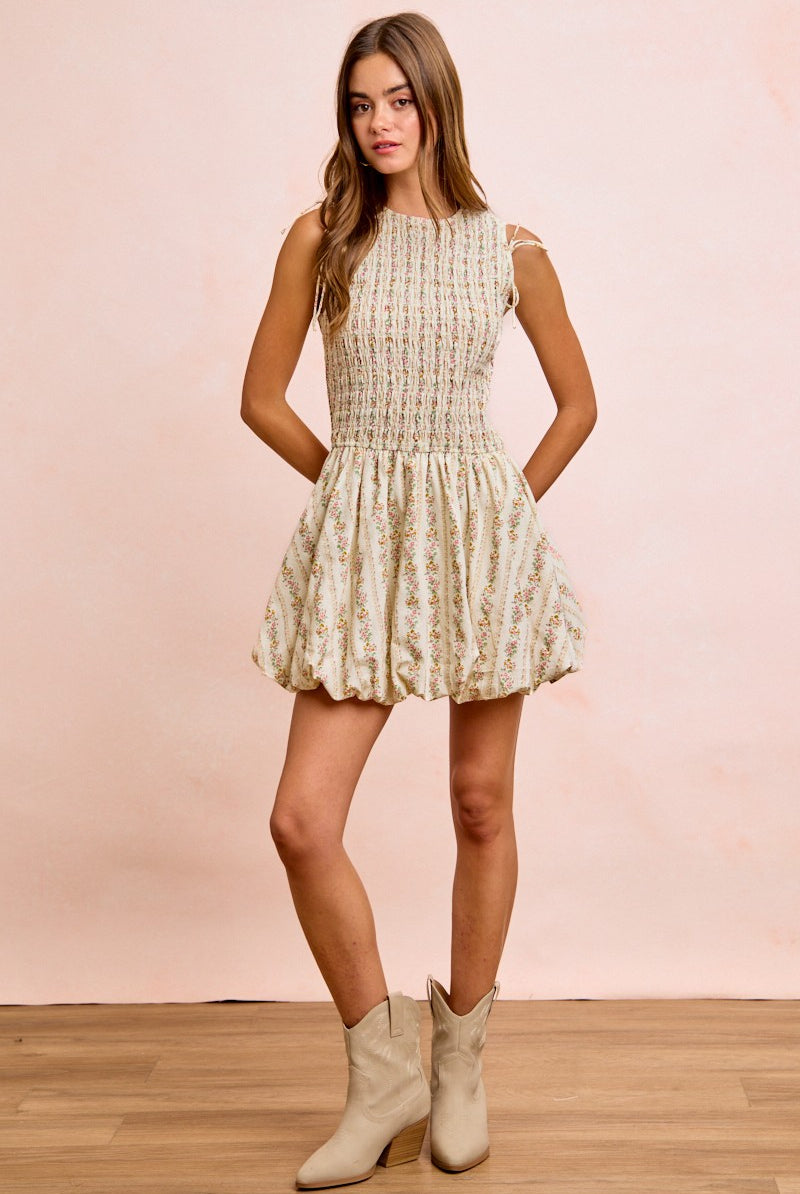 Garden Romance Convertible Dress with detachable puff sleeves in floral print front