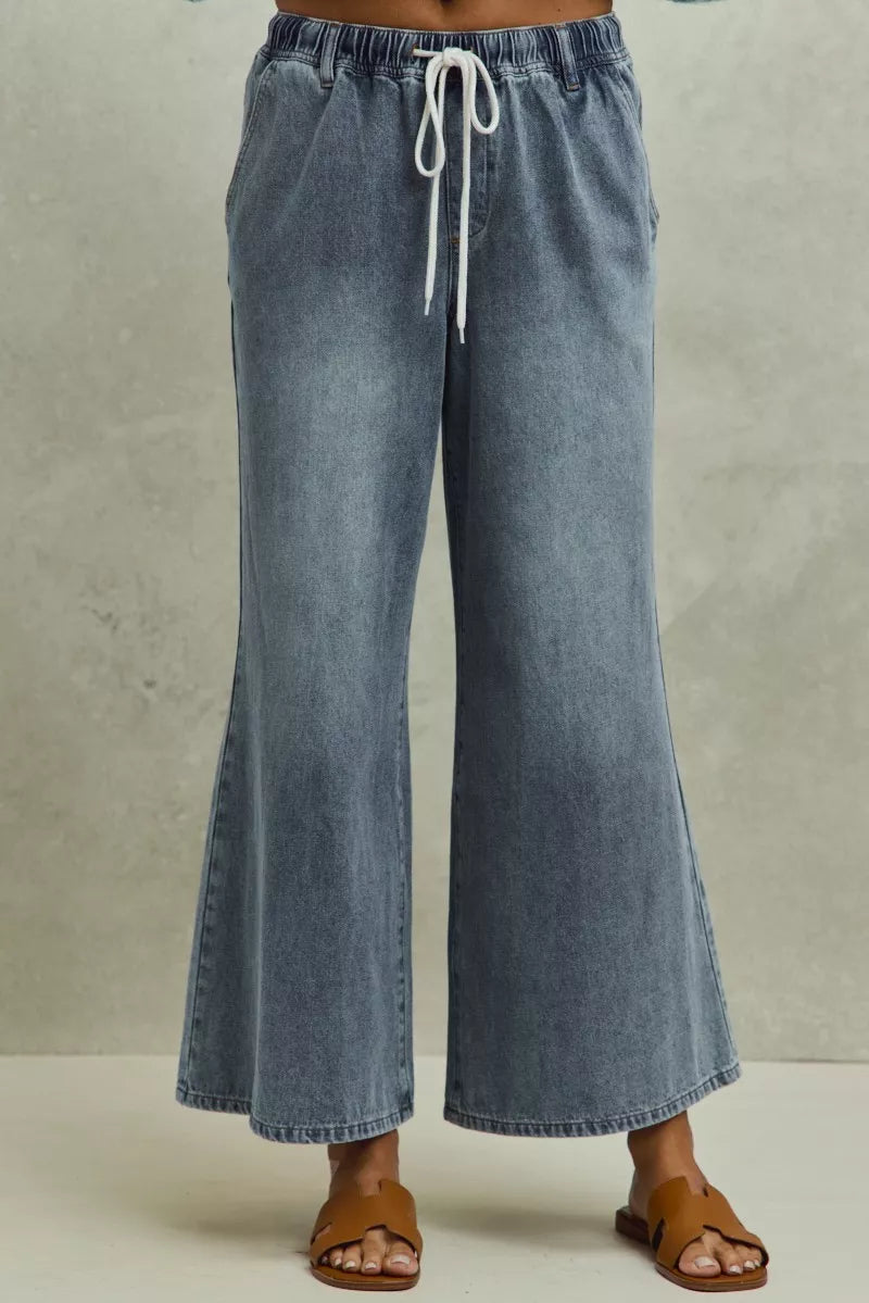 Mid rise elastic flare denim jeans with drawstring