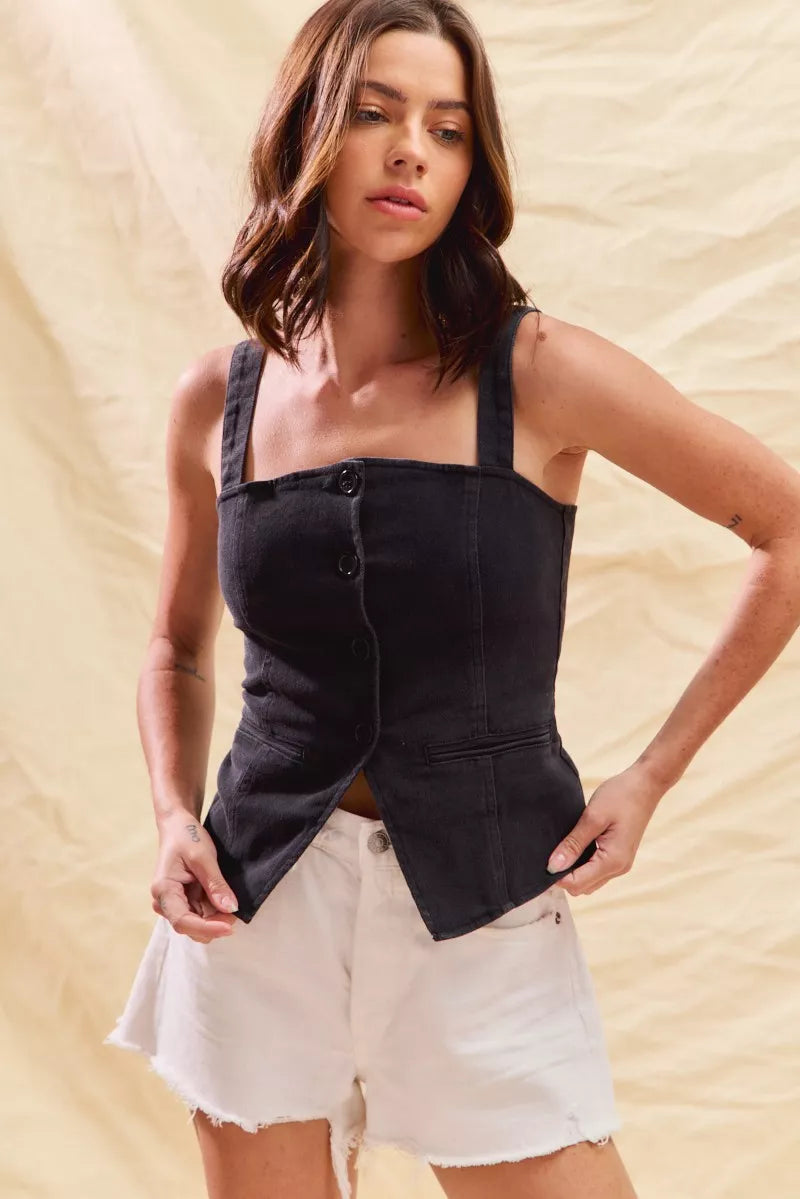 Sleeveless fitted denim top with button-down front, perfect for game day outfits and layering