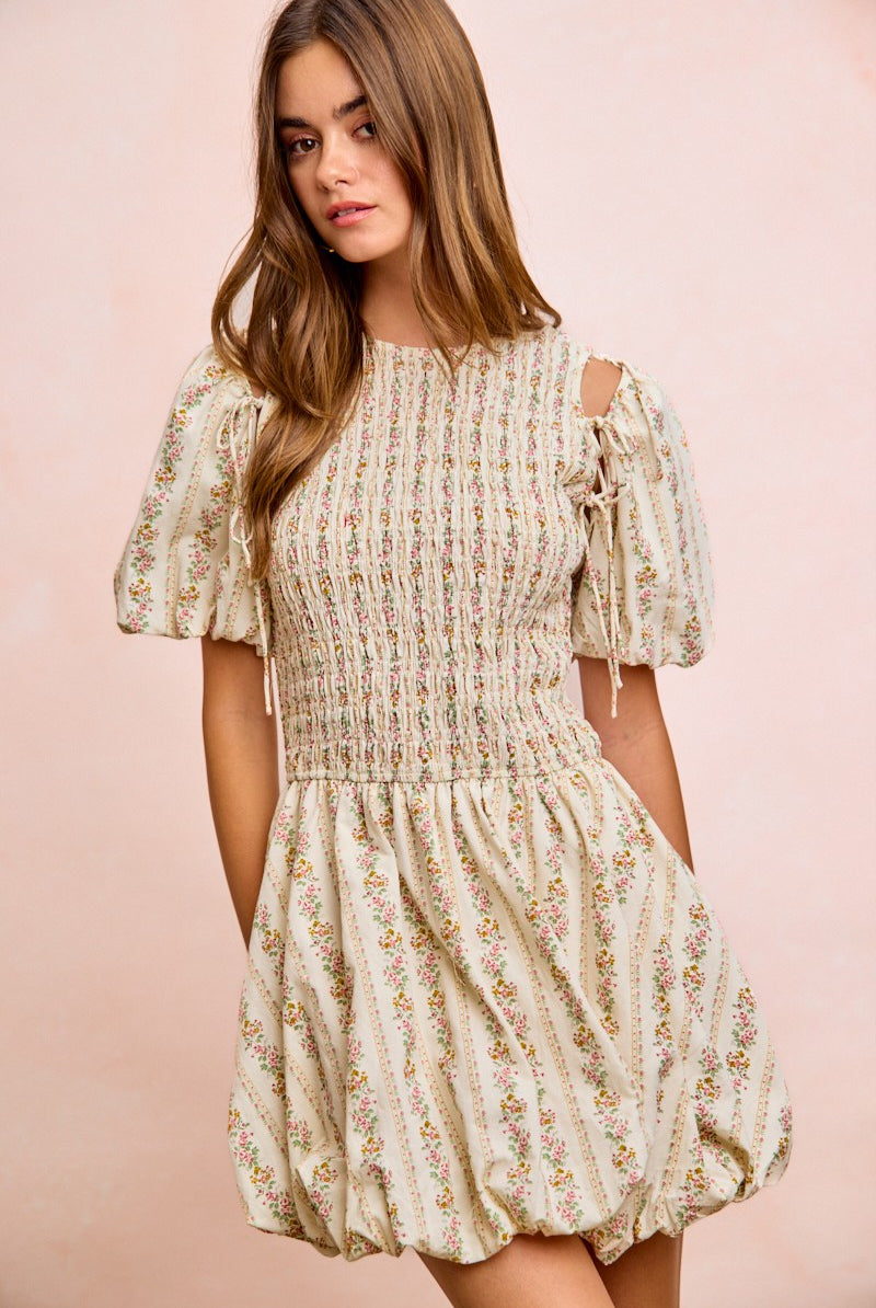 Garden Romance Convertible Dress with detachable puff sleeves in floral print shown with sleeves