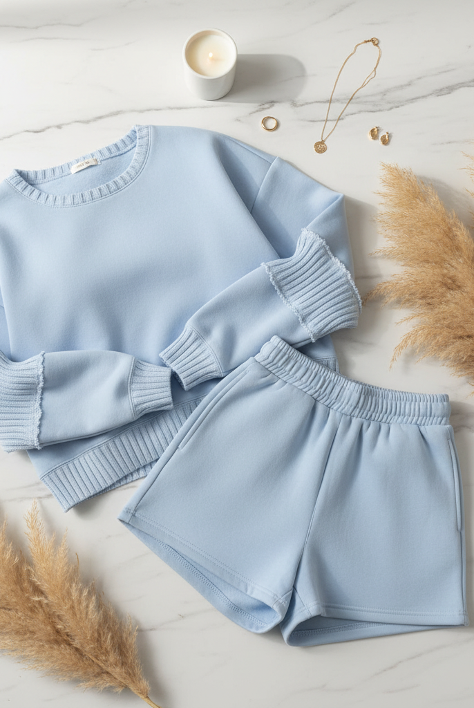 Lake Blue Vintage Havana Fleece Set - Partially Folded Flatlay