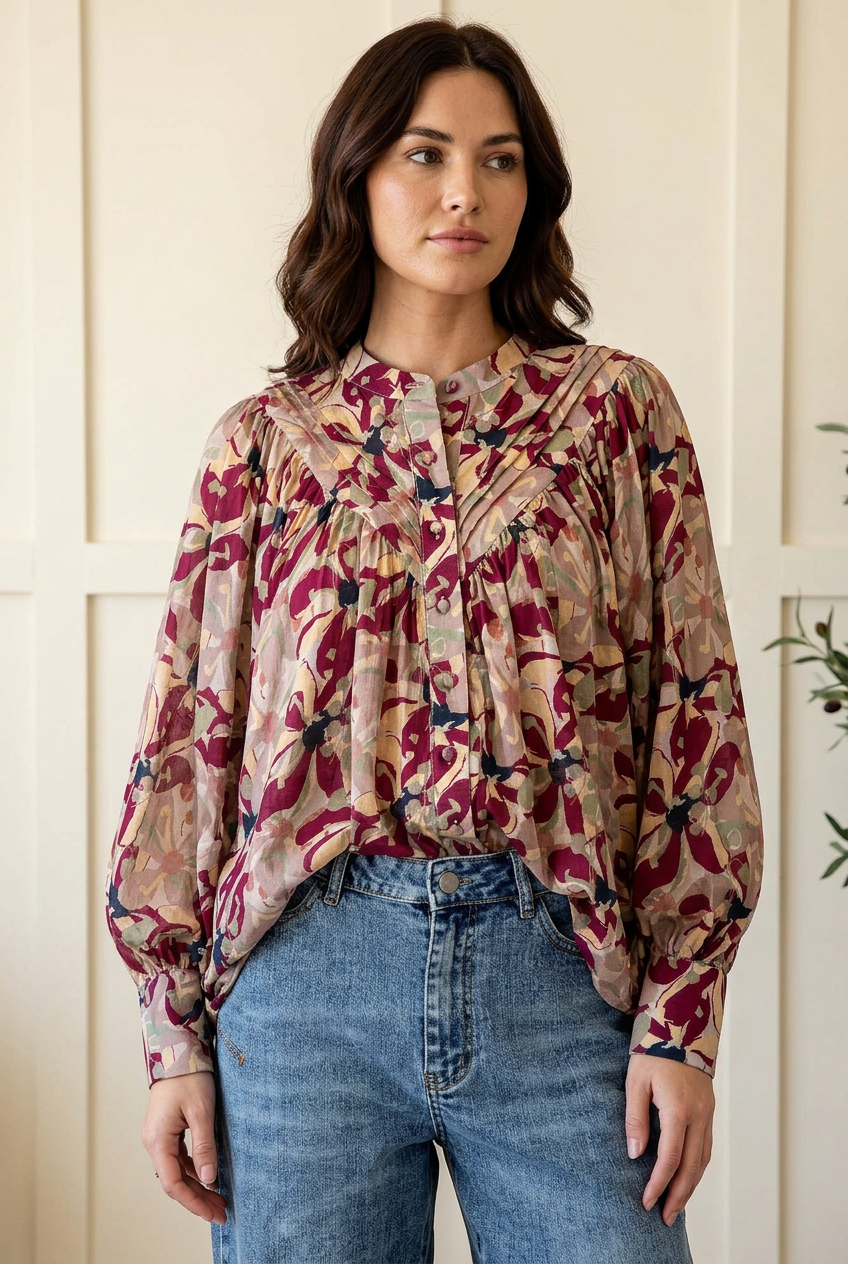 Floral blouse on a new brunette model