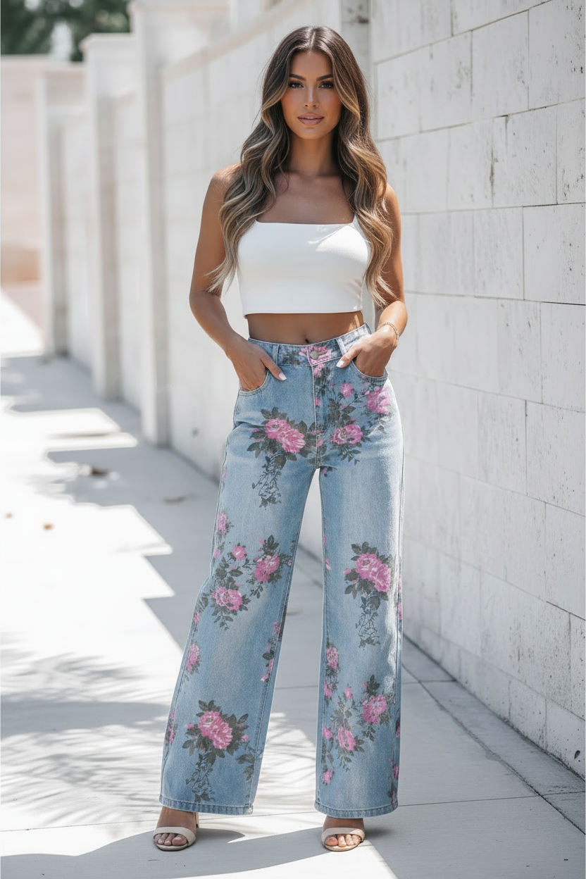 Sky blue garden floral bootcut jeans front view showing all-over pink floral print, wide-leg silhouette, low rise, and front pockets