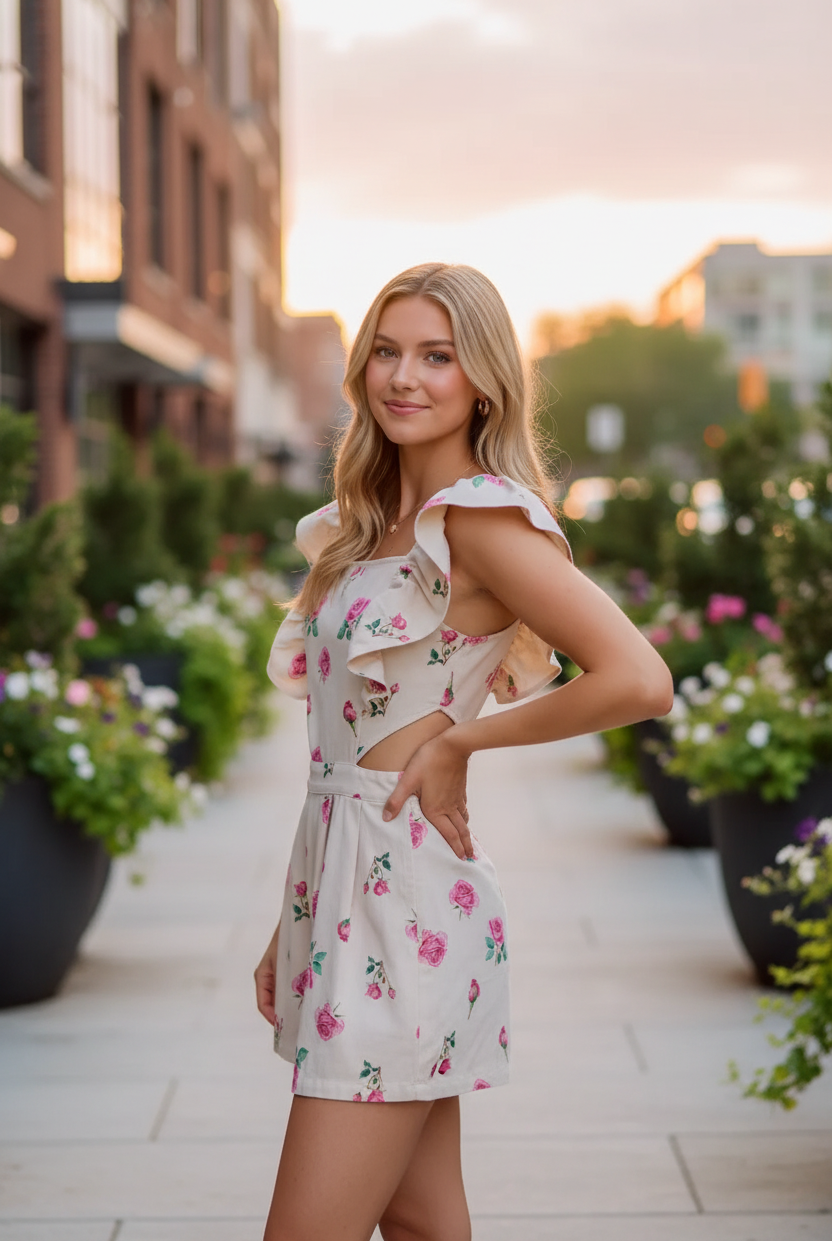 Floral denim romper with waist cutout and ruffle trim in ivory and pink